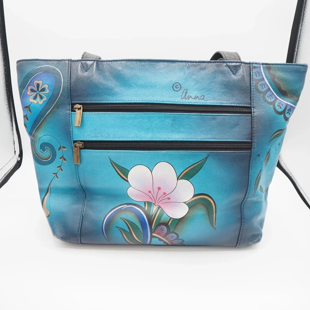 Anna By Anuschka Women's Hand Painted Leather Tote Bag Purse Floral Paisley Boho